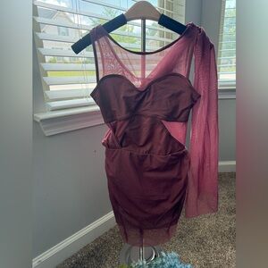 Balera Asymmetrical Mesh Drape Dress (Raisin)